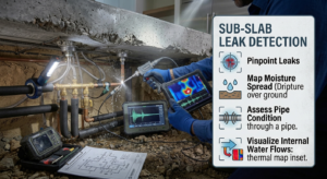 Technician using leak detection equipment to locate a suspected water leak beneath a concrete floor